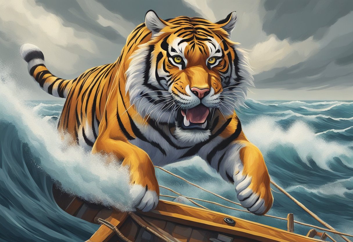 A Bengal tiger leaps onto a lifeboat, surrounded by a vast, stormy ocean
